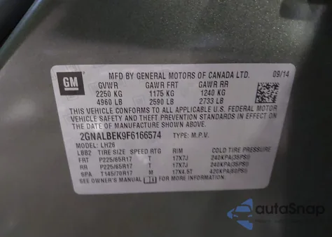 2015 Chevrolet Equinox 1Lt from USA, damaged, VIN 2GNALBEK9F6166574